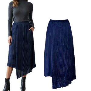 Vince Satin Mixed-Pleat Asymmetric Midi Skirt Blue with Pockets Size XXS